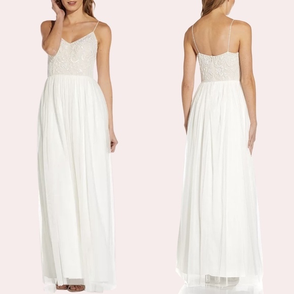 NWT Adrianna Papell Beaded Bodice Tulle Skirt Full Length Gown in White Sz. 10 - Picture 1 of 4